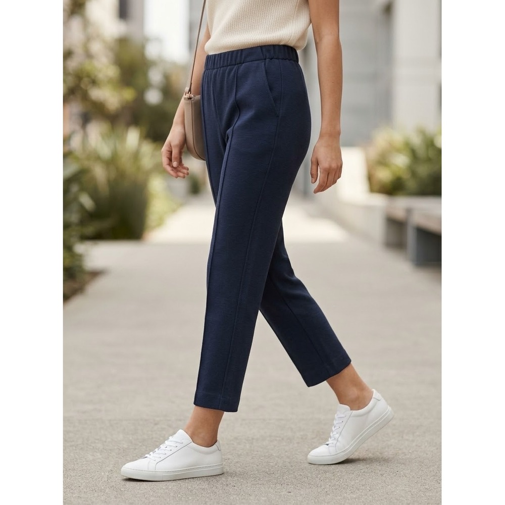 Everlane Dream Pant Navy Blue Elastic Waist Pintuck Tapered Trousers Size S